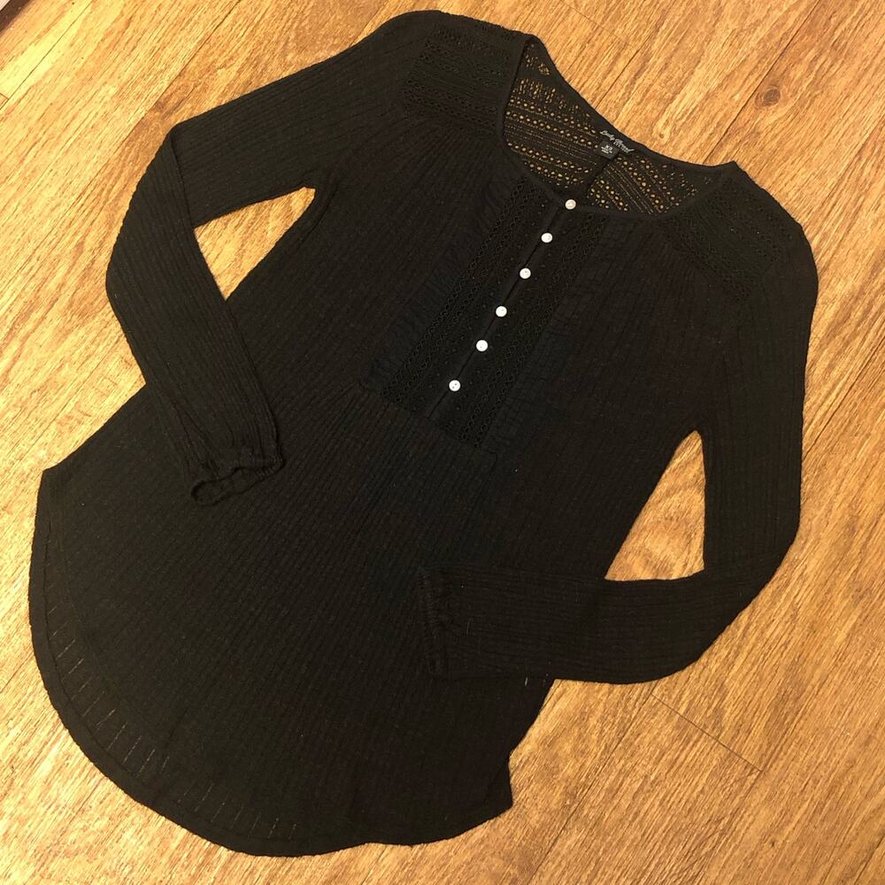 Lucky Brand Black Sheer Ribbed Lace Long Sleeve Button Down Henley Top Size XS